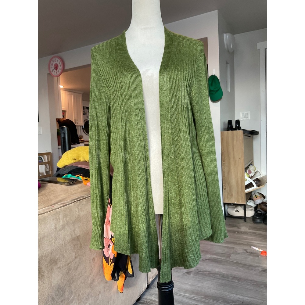 Eileen Fisher 100% Linen Ribbed Open Green Front Cardigan 1X Lagenlook